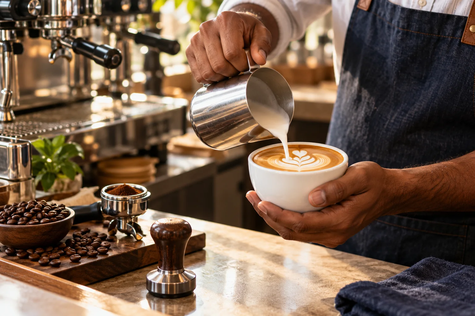 Latte art being poured into a ceramic cup